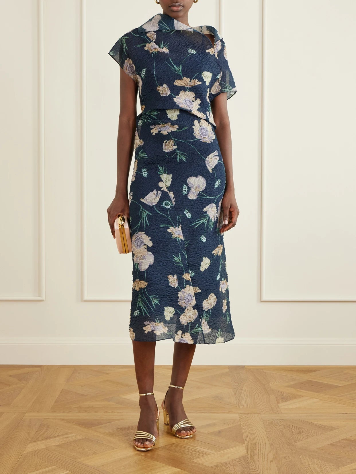 Image of Dresses. Product name - Floral-printed Organza-cloquè Midi Dress in Navy colour by brand - Erdem