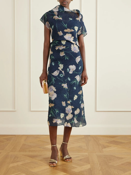 Image of Dresses. Product name - Floral-printed Organza-cloquè Midi Dress in Navy colour by brand - Erdem