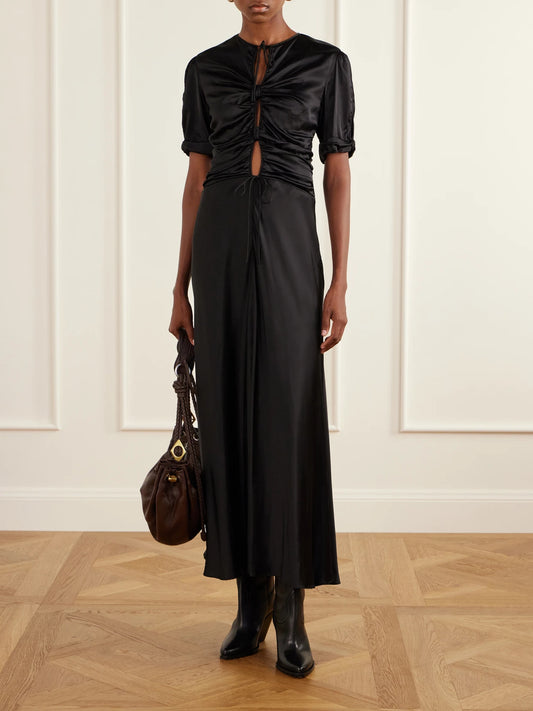 Image of Dresses. Product name - Louane Gathered Silk Midi Dress in Black colour by brand - ISABEL MARANT
