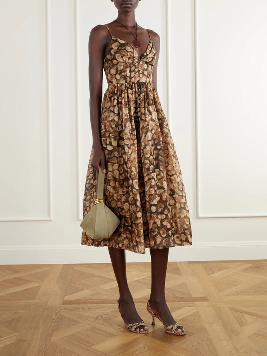 Image of Dresses. Product name - Miro Gathered Printed Linen And Silk-blend Organza Midi Dress in Brown colour by brand - Cara Cara