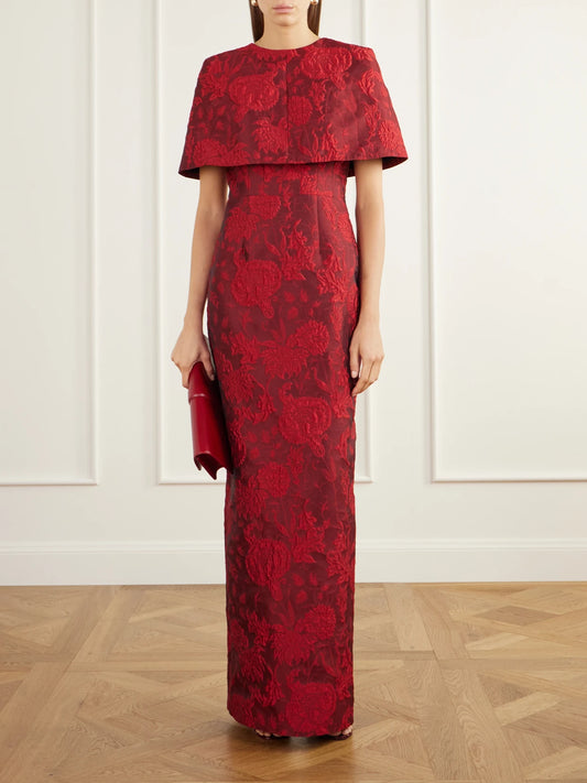 Image of Coats & Jackets. Product name - Virginie Floral-cloqué Cape in Burgundy colour by brand - Emilia Wickstead