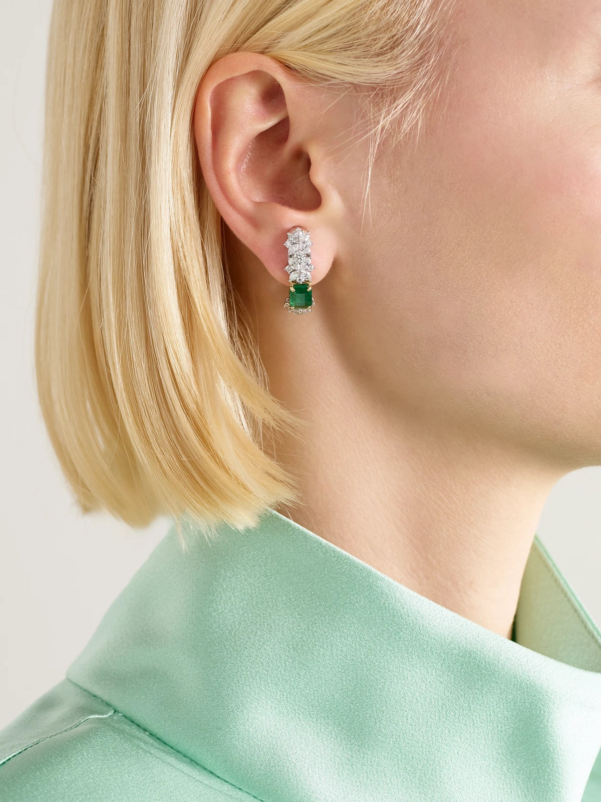 Image of Earrings. Product name - 18-karat White And Yellow Gold, Diamond And Emerald Clip Earrings in Multi colour by brand - YEPREM