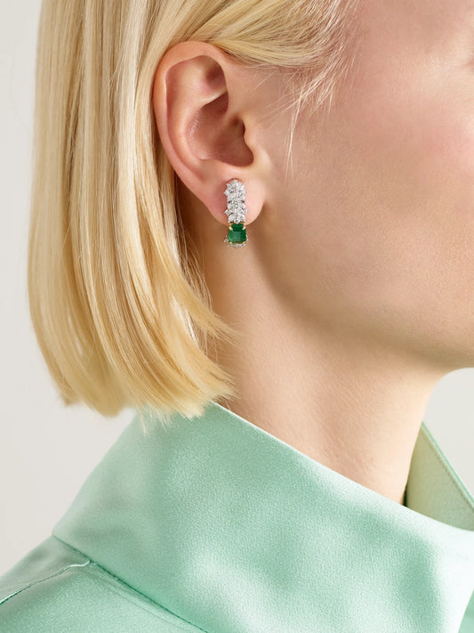 Image of Earrings. Product name - 18-karat White And Yellow Gold, Diamond And Emerald Clip Earrings in Multi colour by brand - YEPREM