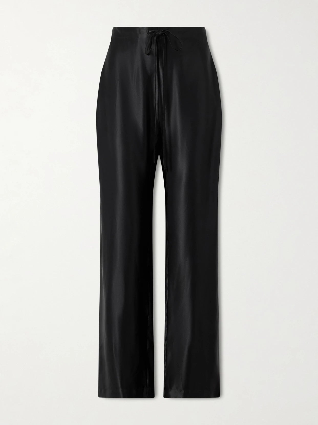 Image of a model wearing Pants. Product name - Rohen Satin Pants in Black colour by brand - KHAITE