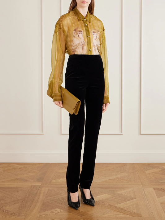 Image of a model wearing Tops. Product name - Goya Printed Silk-organza Shirt in Yellow colour by brand - KHAITE