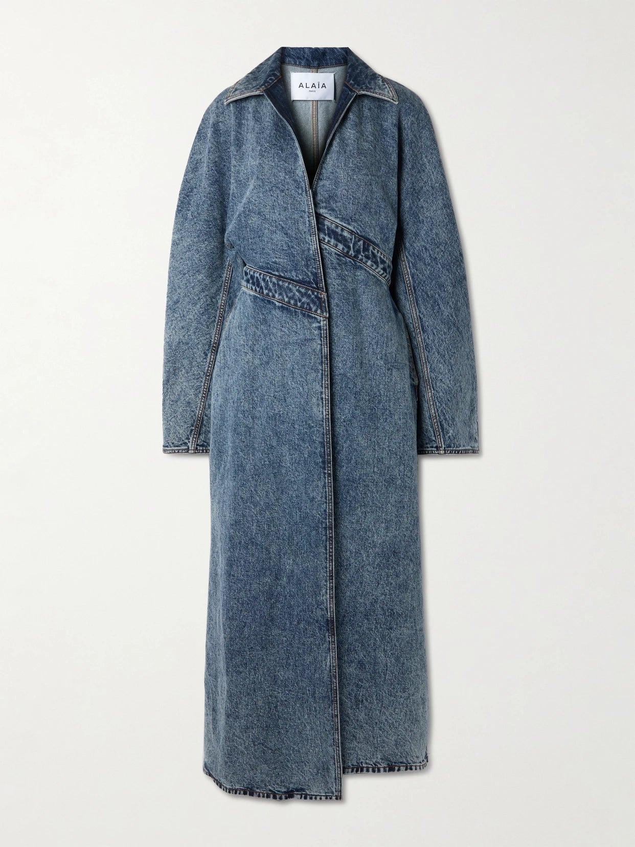 Image of Coats & Jackets. Product name - Spiral Asymmetric Denim Coat in Blue colour by brand - Alaïa