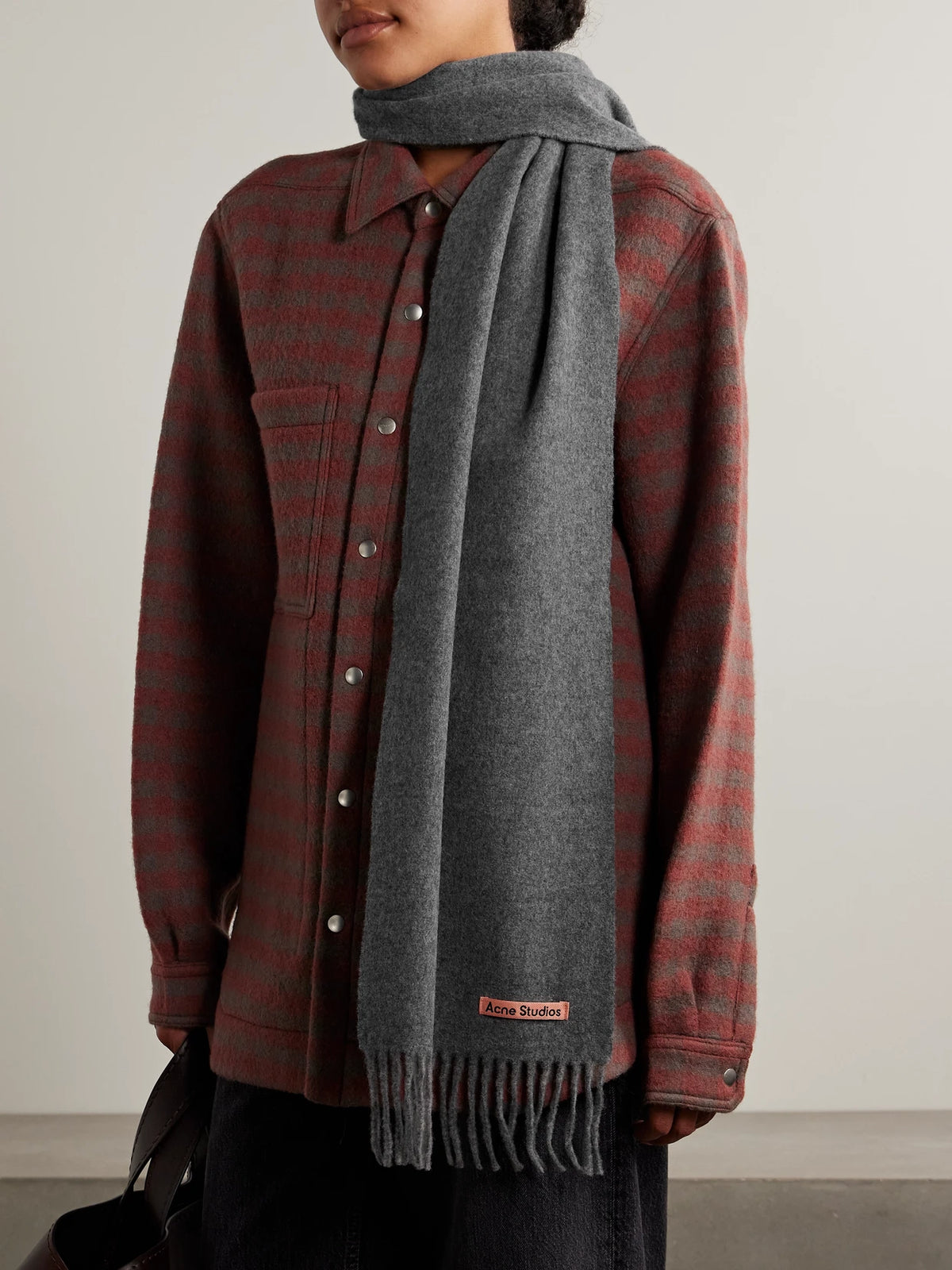 Image of Scarves & Shawls. Product name - Fringed Wool Scarf in Gray colour by brand - Acne Studios