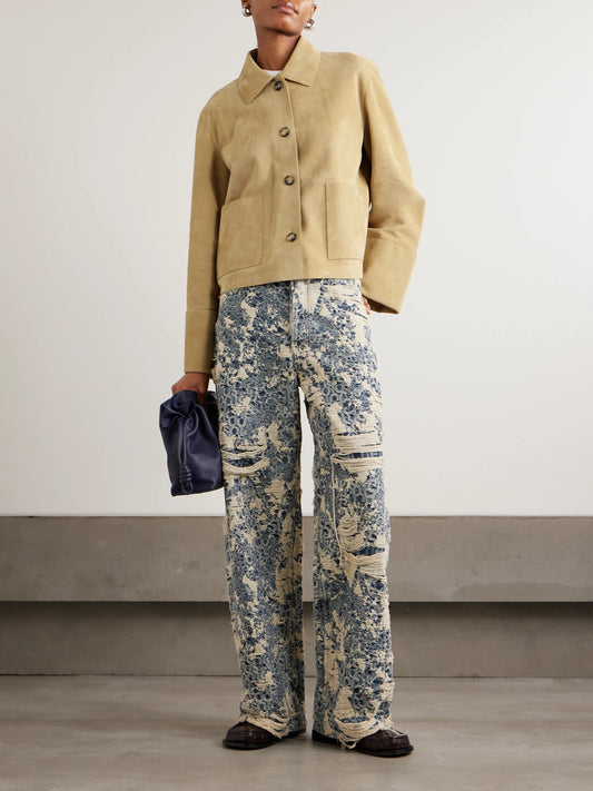 Image of Coats & Jackets. Product name - Paneled Suede Jacket in Tan colour by brand - LOEWE