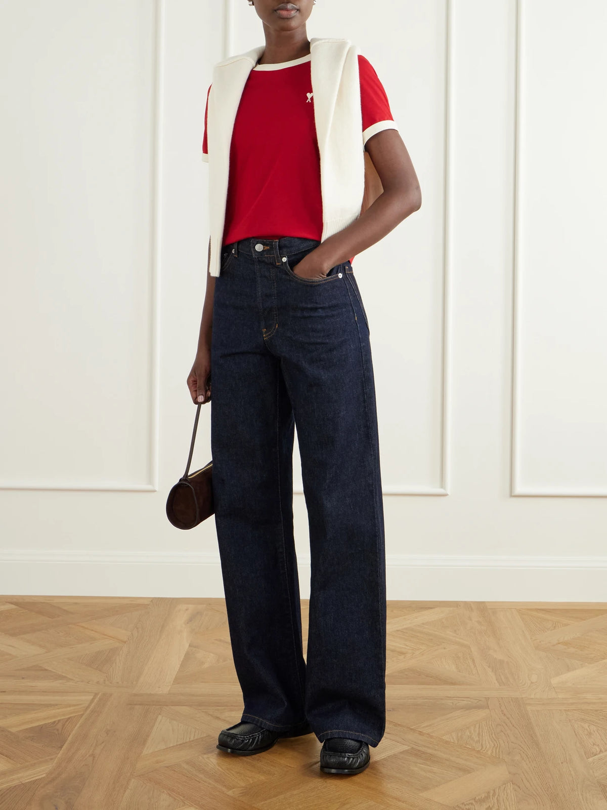 Image of a model wearing Tops. Product name - Logo-embroidered Cotton-jersey T-shirt in x small, xx large, xx small colour by brand - AMI PARIS