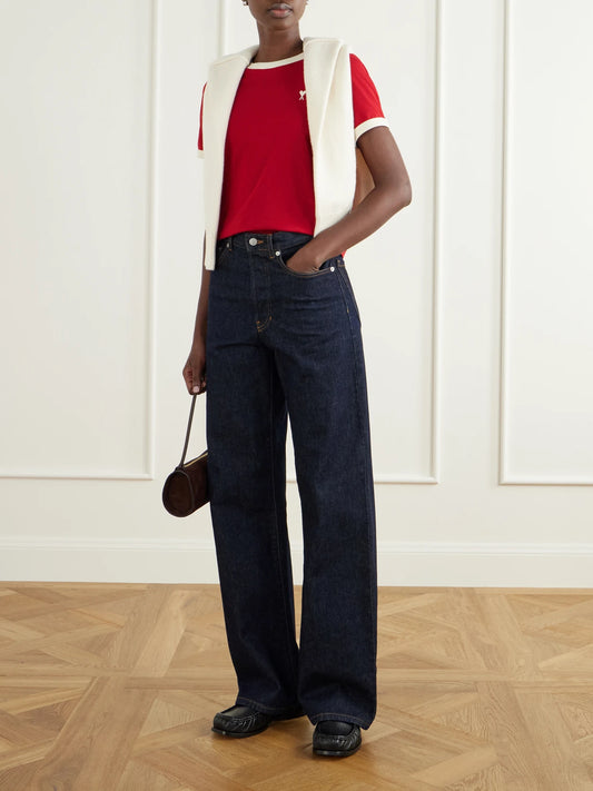 Image of a model wearing Tops. Product name - Logo-embroidered Cotton-jersey T-shirt in x small, xx large, xx small colour by brand - AMI PARIS