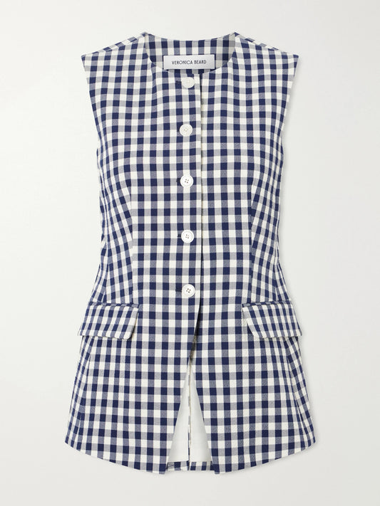 Image of a model wearing Tops. Product name - Lois Checked Stretch-cotton Cloqué Tank in Navy colour by brand - Veronica Beard