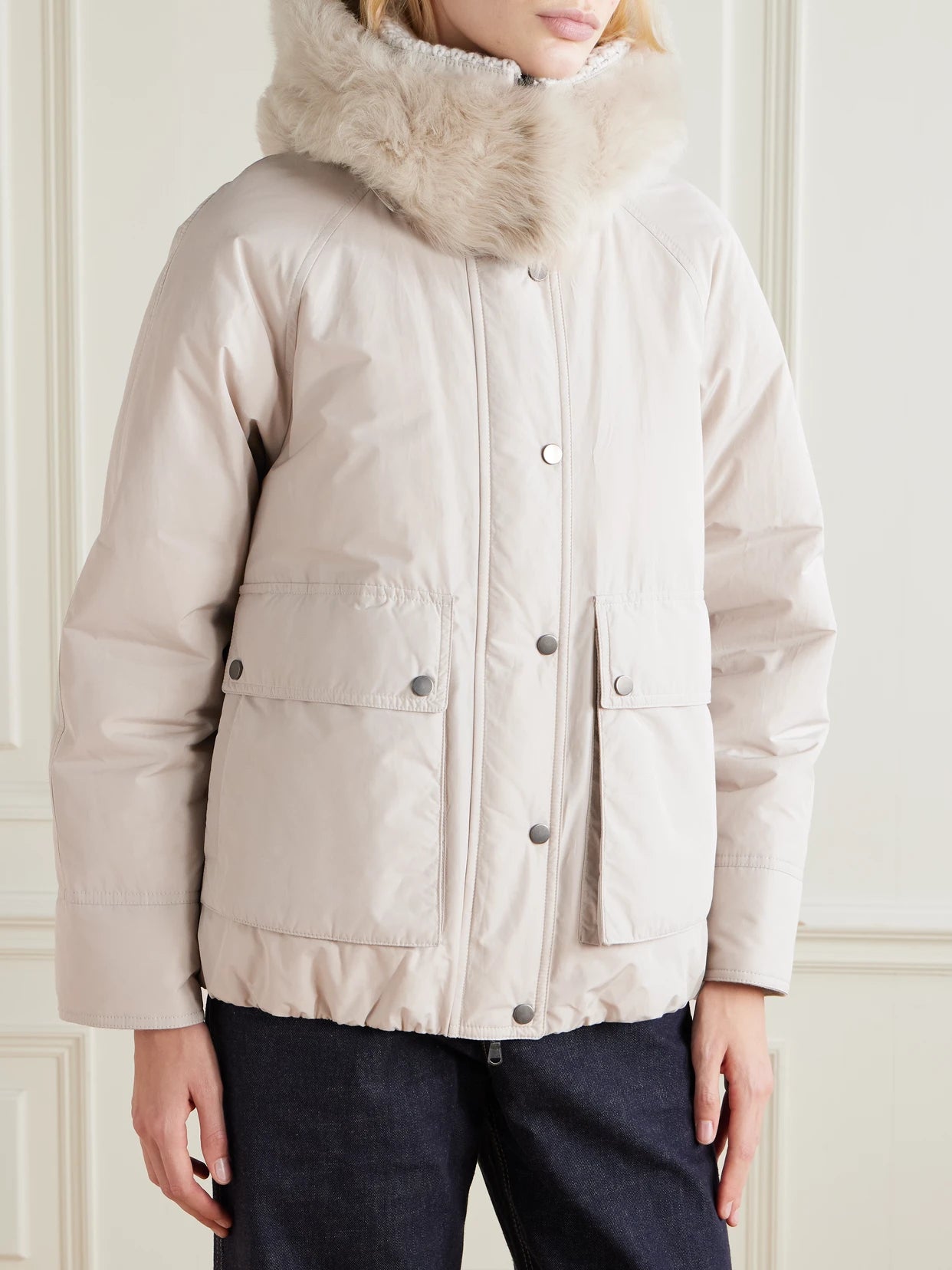 Hooded Ribbed-knit And Shearling-trimmed Bead-embellished Padded Shell Down Jacket