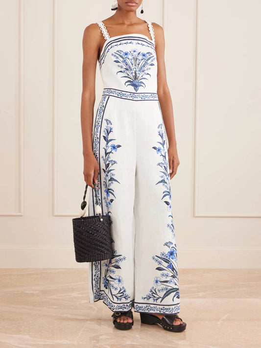 Image of Bodysuits. Product name - Flowers Arch Printed Linen Jumpsuit in White colour by brand - Farm Rio