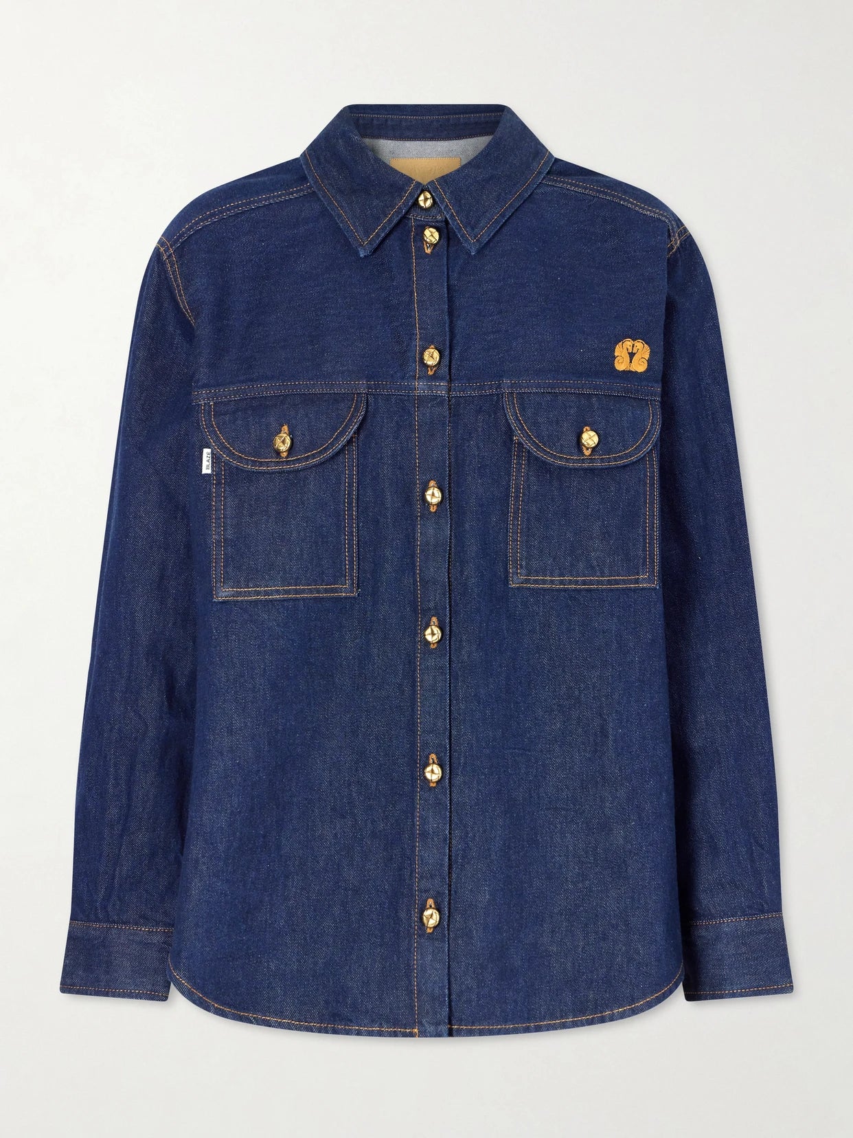 Image of a model wearing Tops. Product name - Denim Shirt in Dark denim colour by brand - BLAZÉ Milano