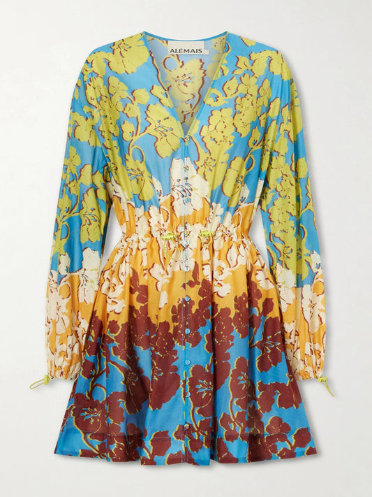 Image of Dresses. Product name - Splice Cotton And Silk-blend Mini Dress in Multi colour by brand - ALÉMAIS