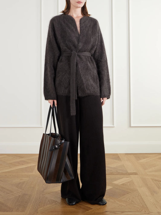 Image of a model wearing Outerwear. Product name - Aria Belted Brushed Cashmere Cardigan in Dark brown colour by brand - Almada