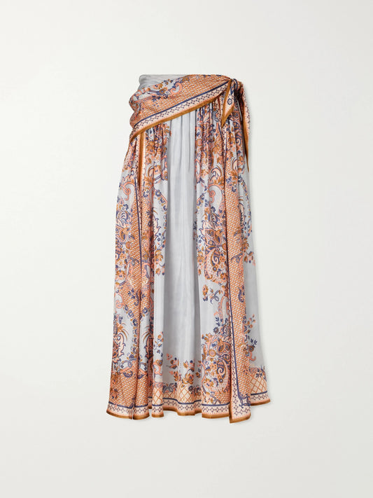 Aster Tie-detailed Printed Silk Midi Skirt