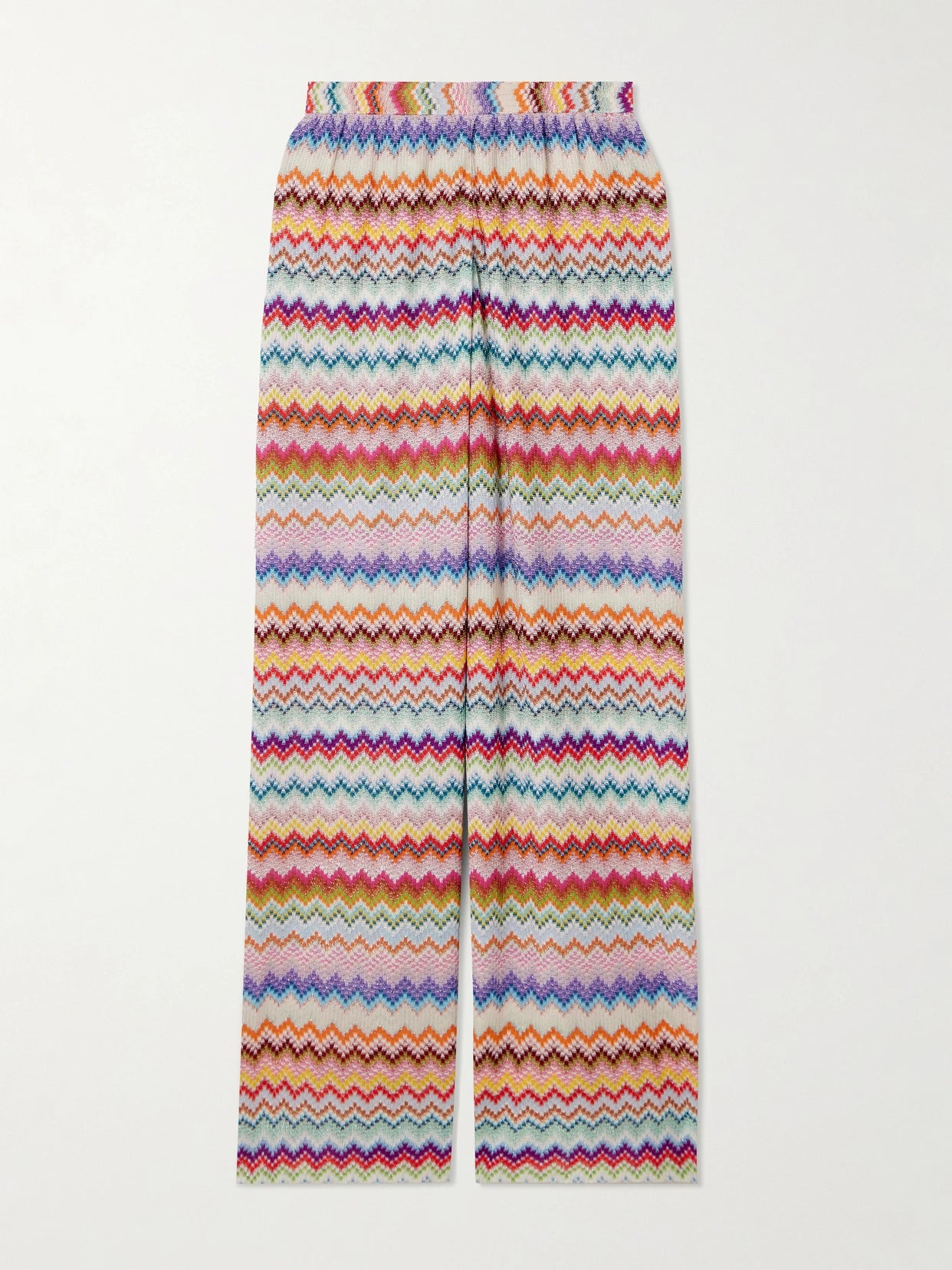 Image of a model wearing Pants. Product name - Mare Striped Metallic Crochet-knit Wide-leg Pants in Multi colour by brand - Missoni