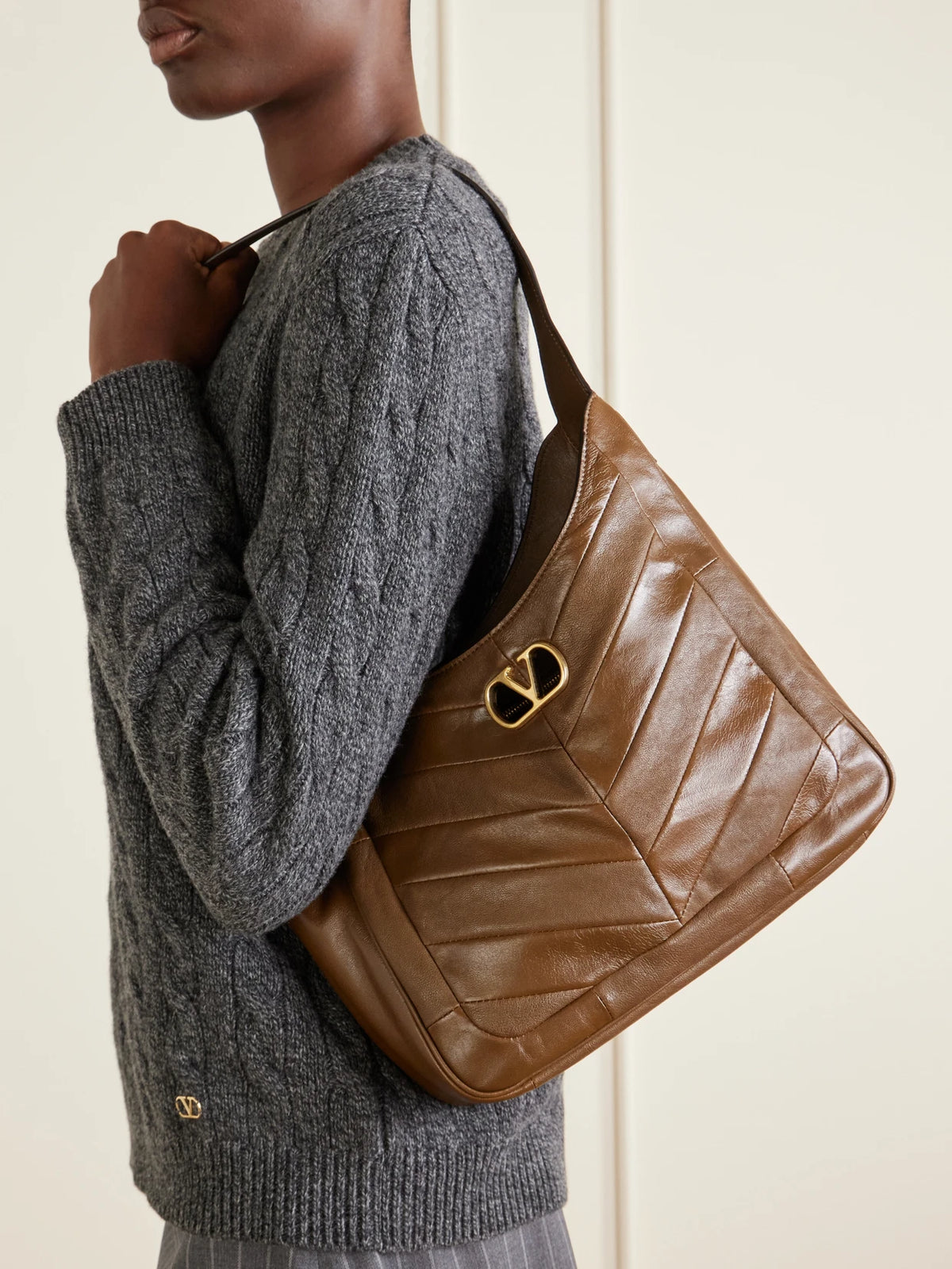 Image of Bags. Product name - Vlogo-embellished Patchwork Leather Shoulder Bag in Light brown colour by brand - Valentino Garavani