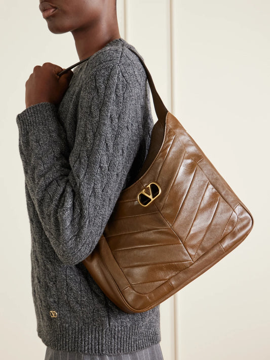 Image of Bags. Product name - Vlogo-embellished Patchwork Leather Shoulder Bag in Light brown colour by brand - Valentino Garavani