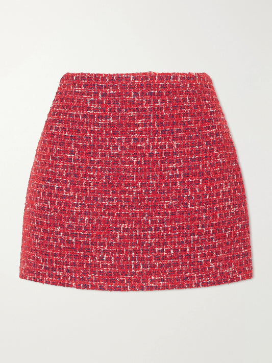 Image of a model wearing Skirts. Product name - Everyday Tweed Mini Skirt in Red colour by brand - Valentino Garavani