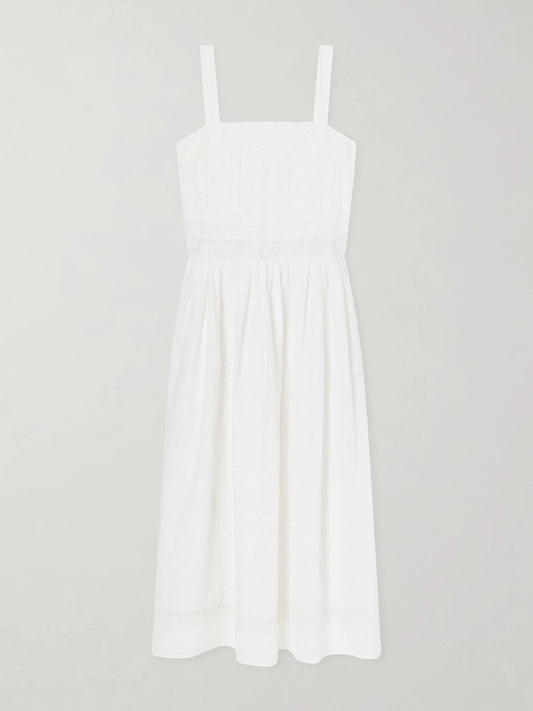 Image of Dresses. Product name - Antigua Lace-trimmed Embroidered Cotton Midi Dress in White colour by brand - Loretta Caponi