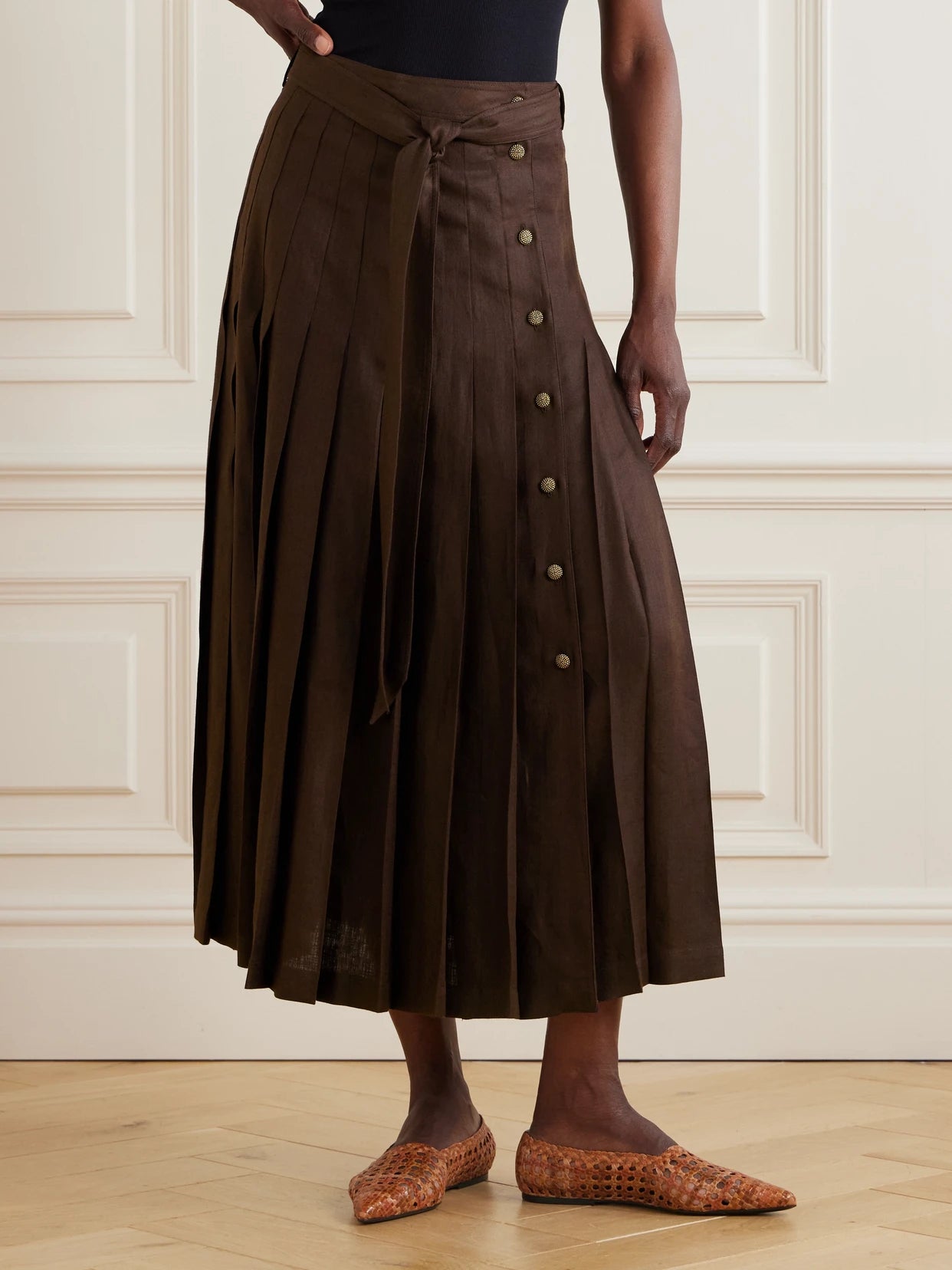 Yasmina Belted Pleated Linen-twill Wrap Skirt