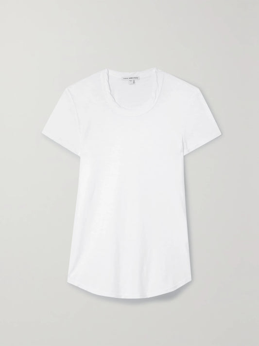 Image of a model wearing Tops. Product name - Slub Cotton-jersey T-shirt in White colour by brand - James Perse