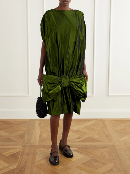 Image of Dresses. Product name - Bow-detailed Taffeta Midi Dress in Green colour by brand - Simone Rocha