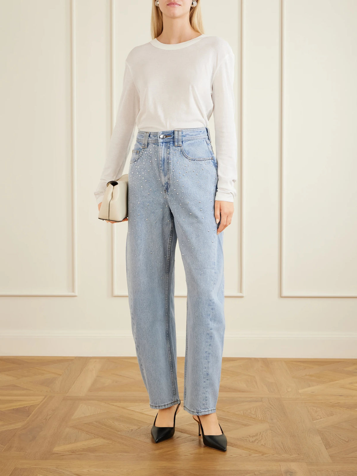 Image of Jeans. Product name - Lucina Studded High-rise Straight-leg Jeans in Blue colour by brand - Aje