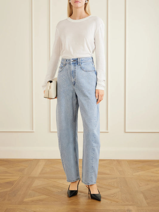 Image of Jeans. Product name - Lucina Studded High-rise Straight-leg Jeans in Blue colour by brand - Aje