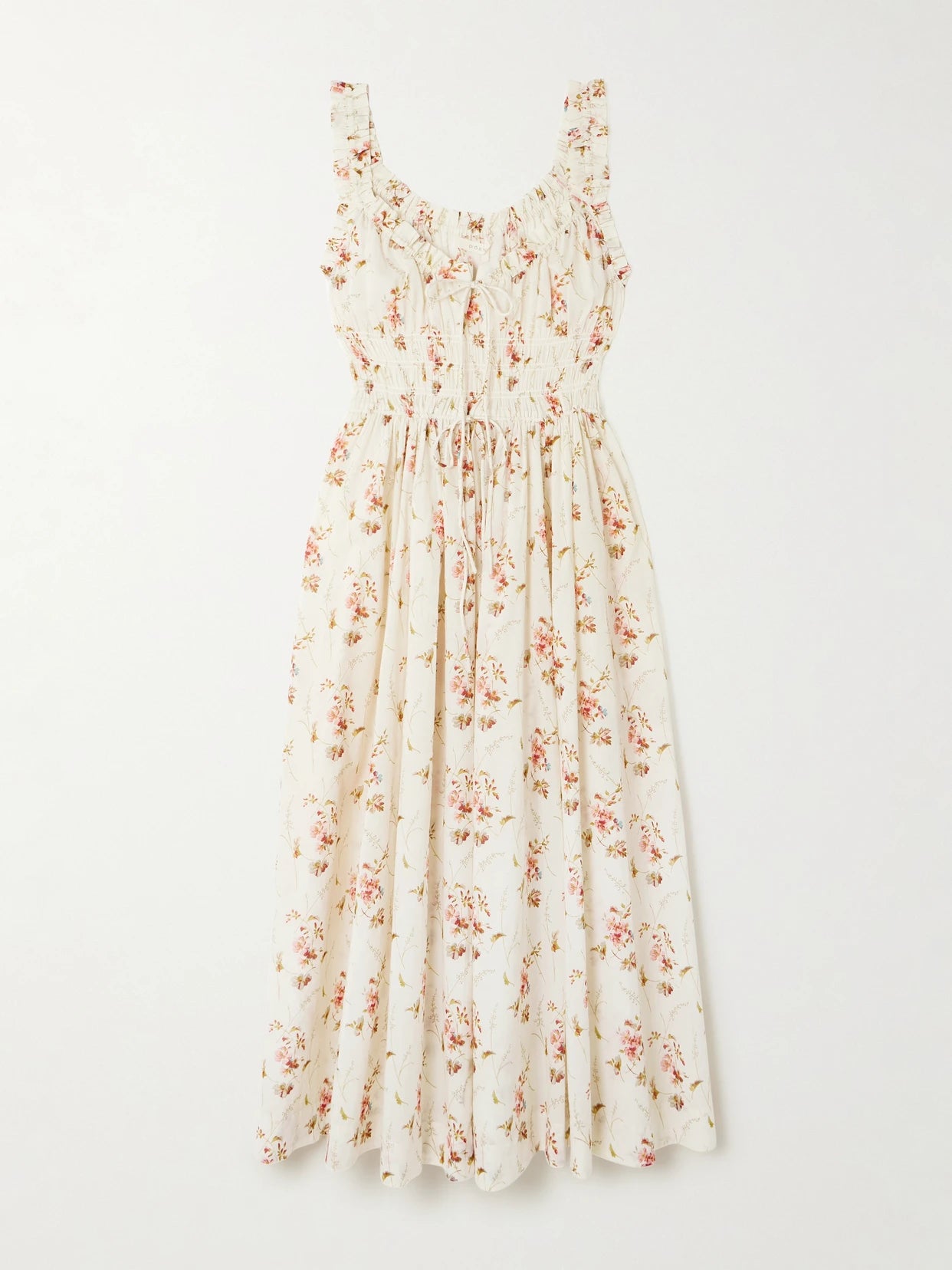 Image of Dresses. Product name - Emmaretta Tie-detailed Shirred Floral-print Organic Cotton Midi Dress in Multi colour by brand - DÔEN