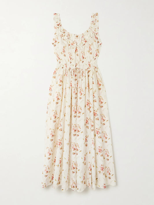 Image of Dresses. Product name - Emmaretta Tie-detailed Shirred Floral-print Organic Cotton Midi Dress in Multi colour by brand - DÔEN