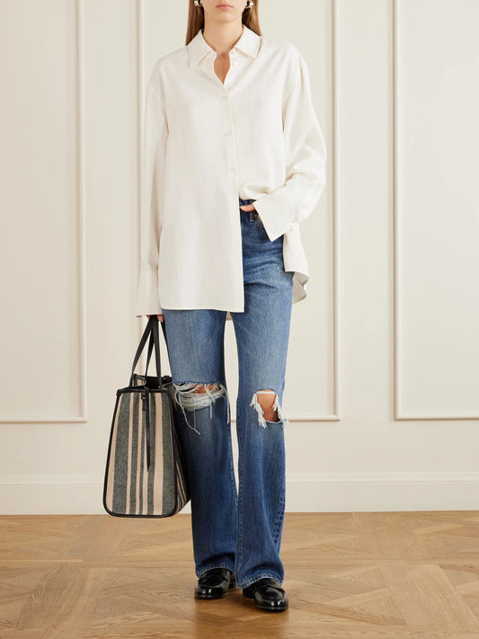 Image of Jeans. Product name - The Vertical Distressed High-rise Straight-leg Jeans in Mid denim colour by brand - FRAME