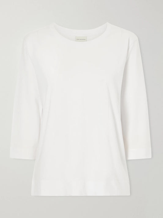 Image of a model wearing Tops. Product name - Cotton T-shirt in White colour by brand - Dries Van Noten