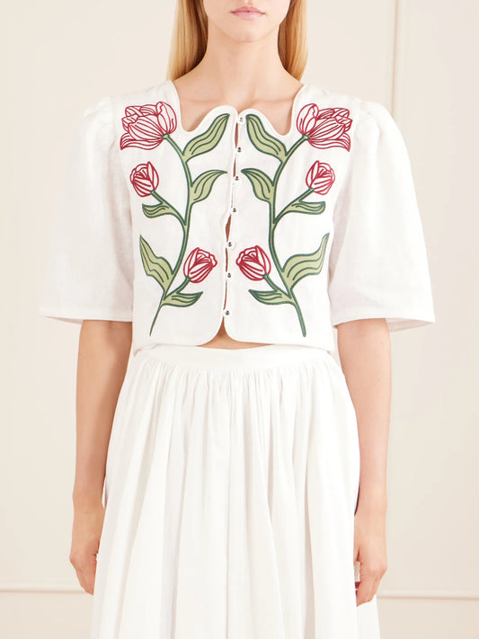 Floral-embroidered Cropped Linen Top
