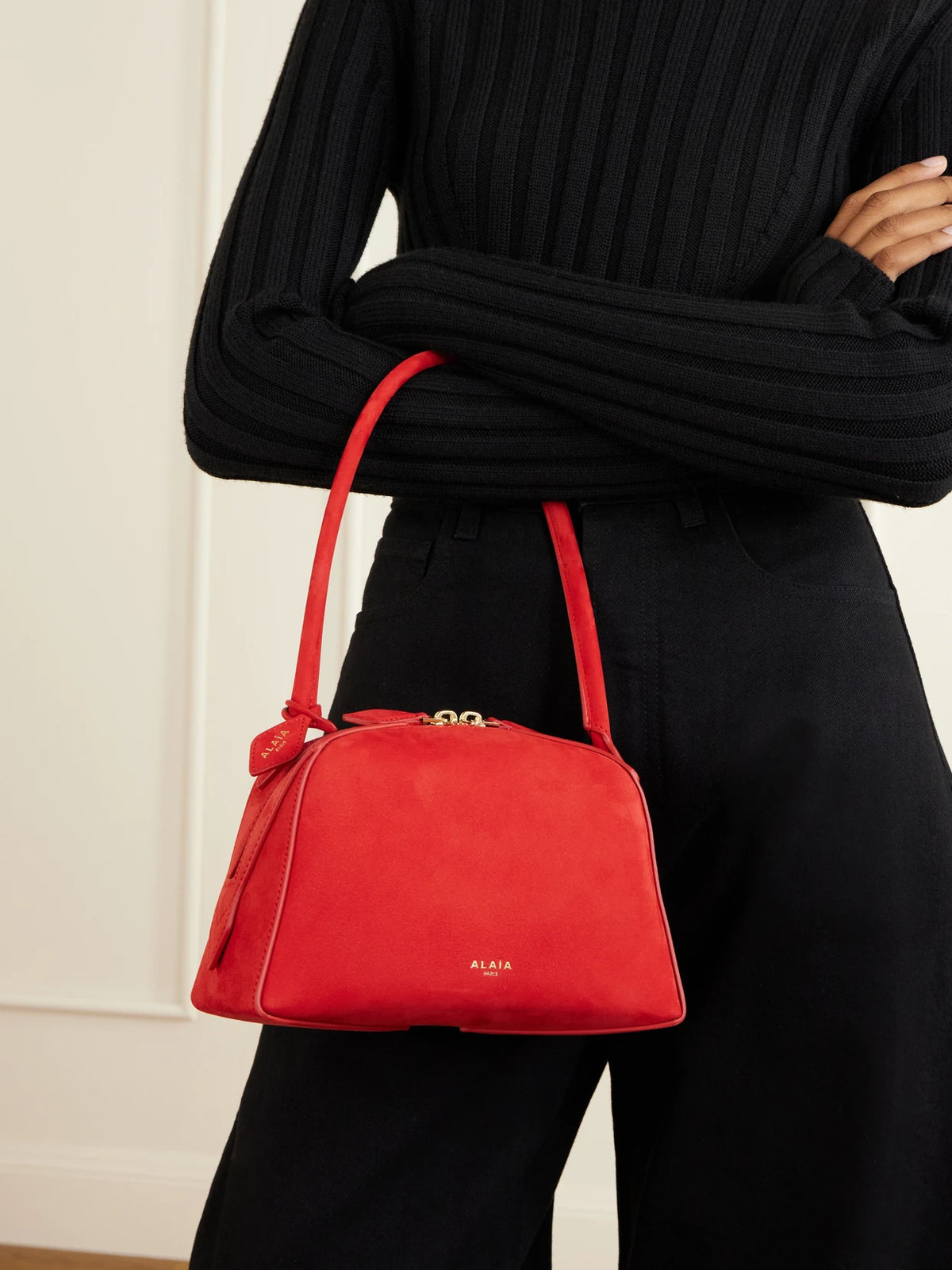 Image of Bags. Product name - Le Bouledogue Leather Mini Shoulder Bag in Red colour by brand - Alaïa