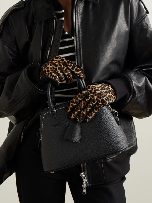 Image of Gloves & Mittens. Product name - Susan Leather And Leopard-print Calf Hair Gloves in Leopard print colour by brand - Agnelle