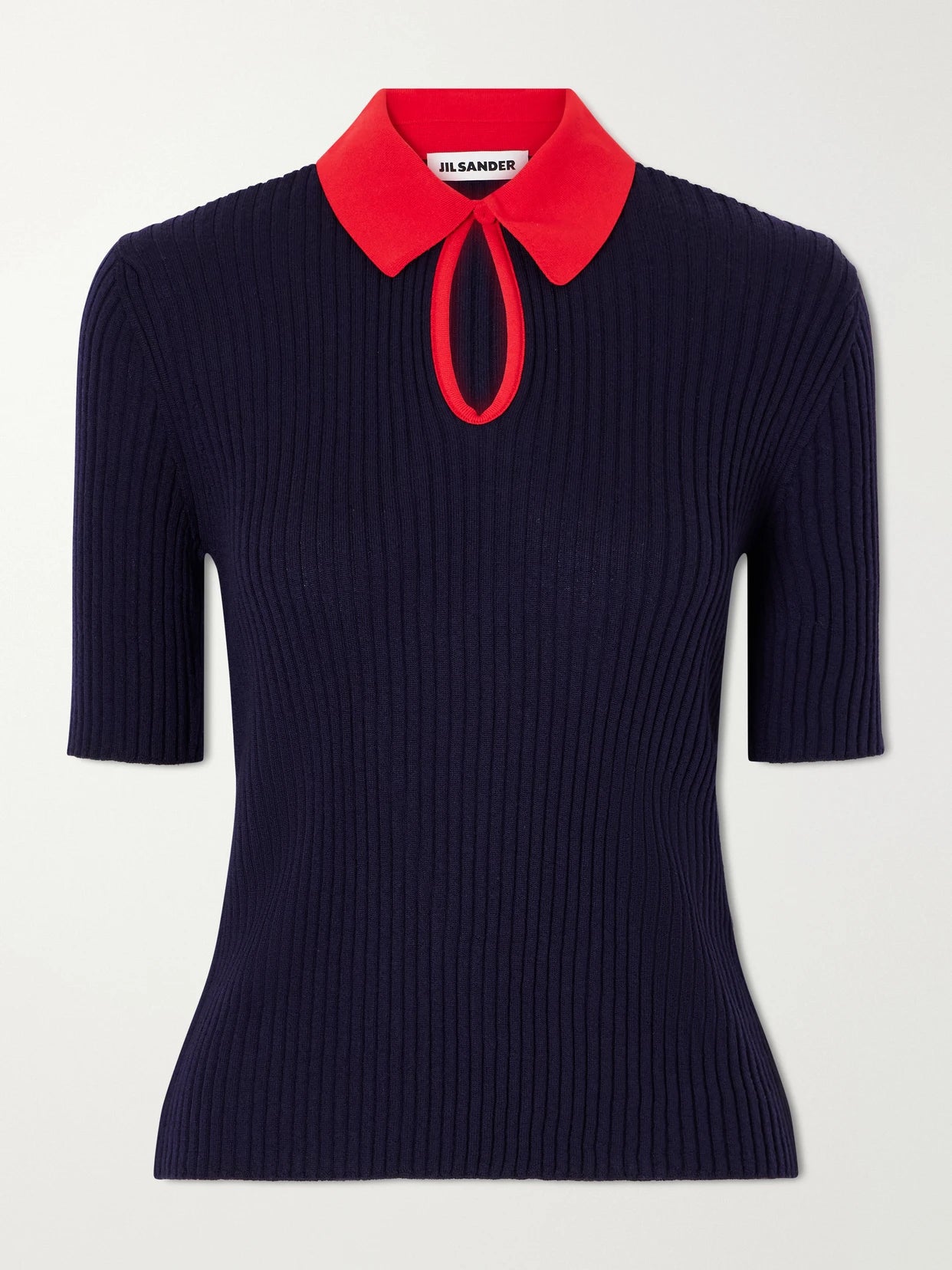 Image of a model wearing Outerwear. Product name - Two-tone Ribbed Wool Polo Shirt in Navy colour by brand - Jil Sander