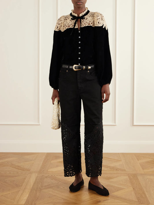Image of Jeans. Product name - Shiloh Embroidered High-rise Straight-leg Jeans in Black colour by brand - Sea