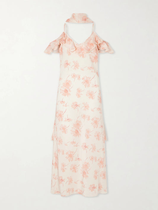 Image of Dresses. Product name - Daisy Ruffled Floral-print Silk Chiffon Midi Dress in Pink colour by brand - Rodarte