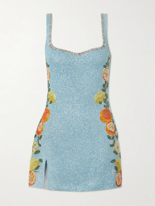Image of Dresses. Product name - Capri Crystal-embellished Beaded Tulle Mini Dress in Blue colour by brand - Clio Peppiatt