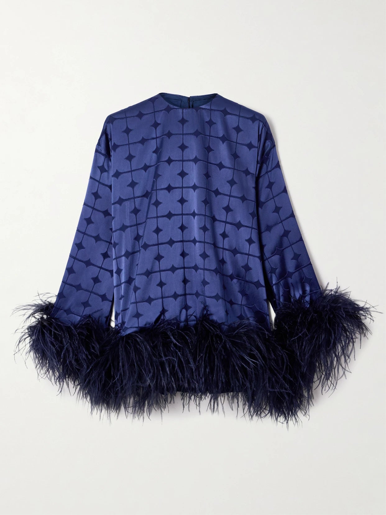 Geometric Feather-trimmed Devoré-satin Blouse