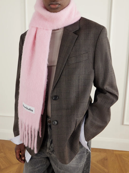 Image of Scarves & Shawls. Product name - Vally Skinny Fringed Alpaca, Wool And Mohair-blend Scarf in Pastel pink colour by brand - Acne Studios