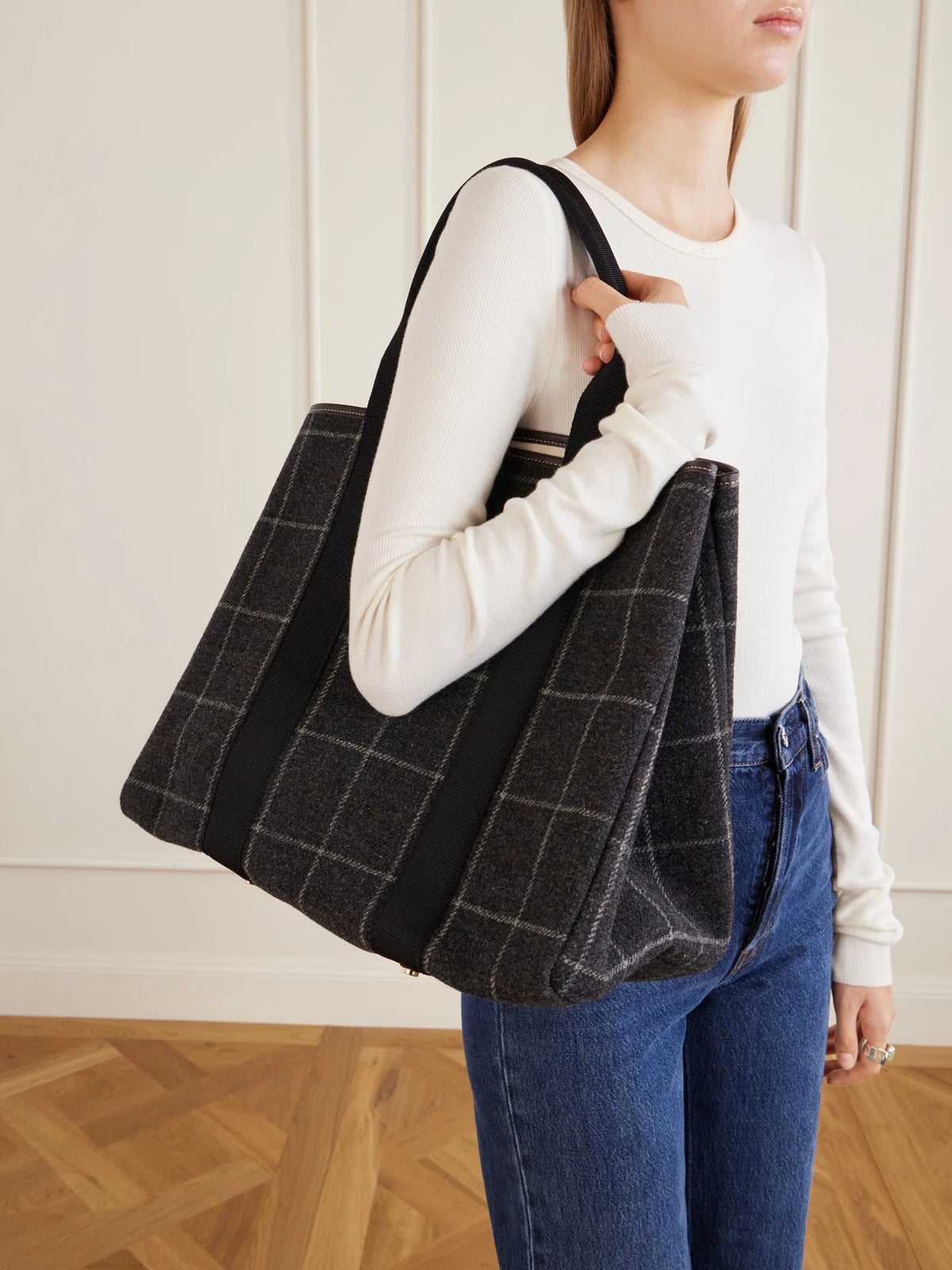 Image of Bags. Product name - Traversée Leather-trimmed Checked Tweed Tote in Gray green colour by brand - RUE de VERNEUIL