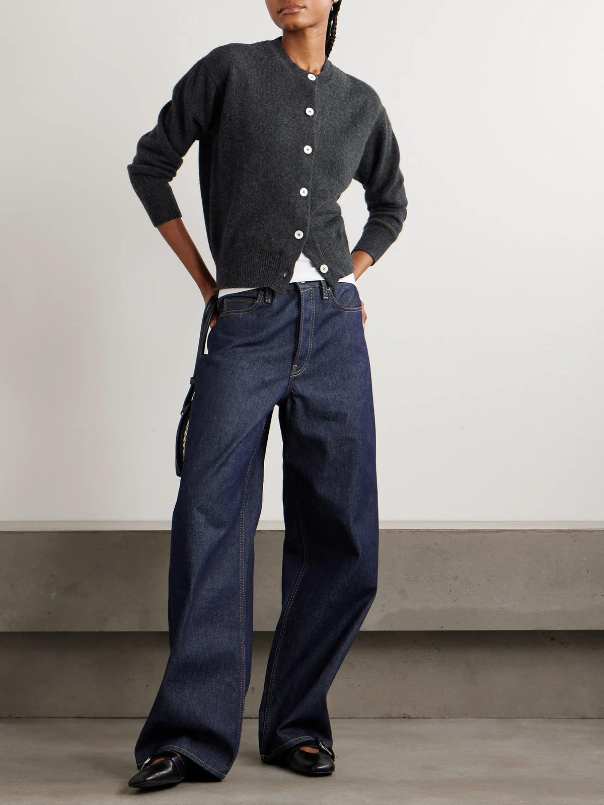 Image of a model wearing Outerwear. Product name - Wool Cardigan in Dark gray colour by brand - &Daughter