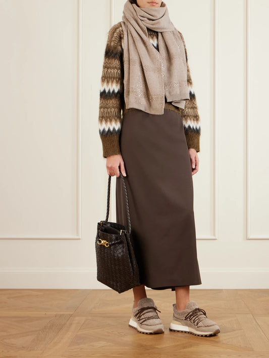 Image of Scarves & Shawls. Product name - Sequined Checked Wool, Cashmere And Silk-blend Scarf in Beige colour by brand - Brunello Cucinelli