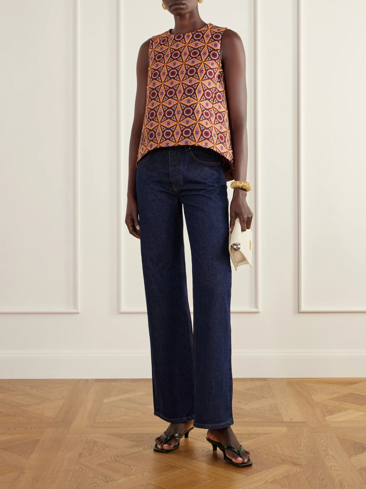 Image of a model wearing Tops. Product name - La Scala Jacquard-twill Top in Multi, Brown colour by brand - La DoubleJ