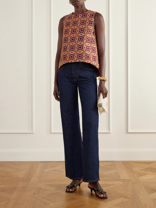 Image of a model wearing Tops. Product name - La Scala Jacquard-twill Top in Multi, Brown colour by brand - La DoubleJ