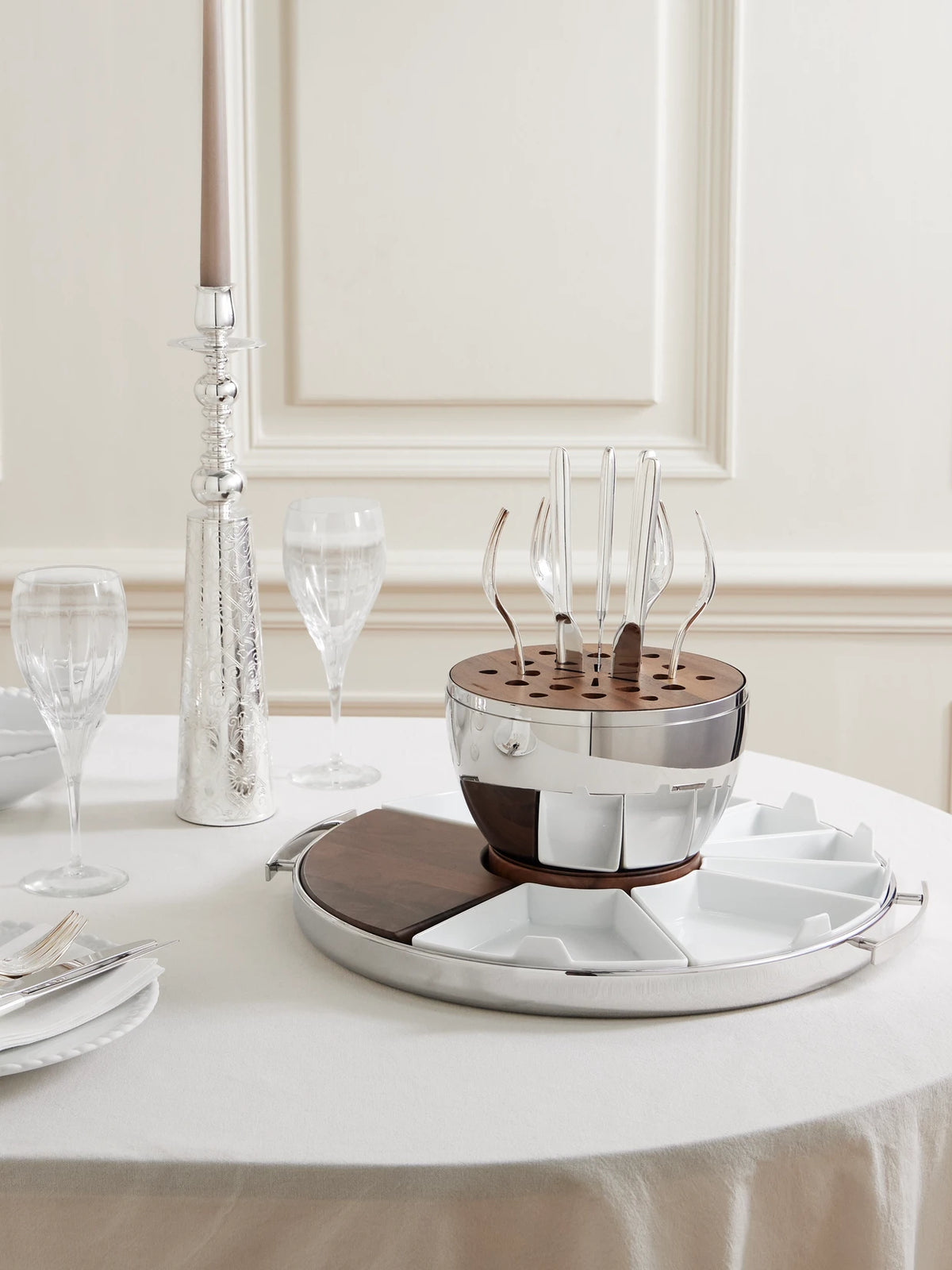 Image of Tableware. Product name - Mood Party Walnut, Porcelain And Stainless Steel Serving Set in Silver colour by brand - Christofle
